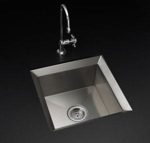 The Poise (Kohler), shown here in the mirror finish is modern luxury at its finest.  The sink comes with a bamboo cutting board and bottom basin rack, but that's not the most stunning feature.  This sink also features SilentShield, a technology that dampens the sounds created by disposals, dishwashers and running water. 